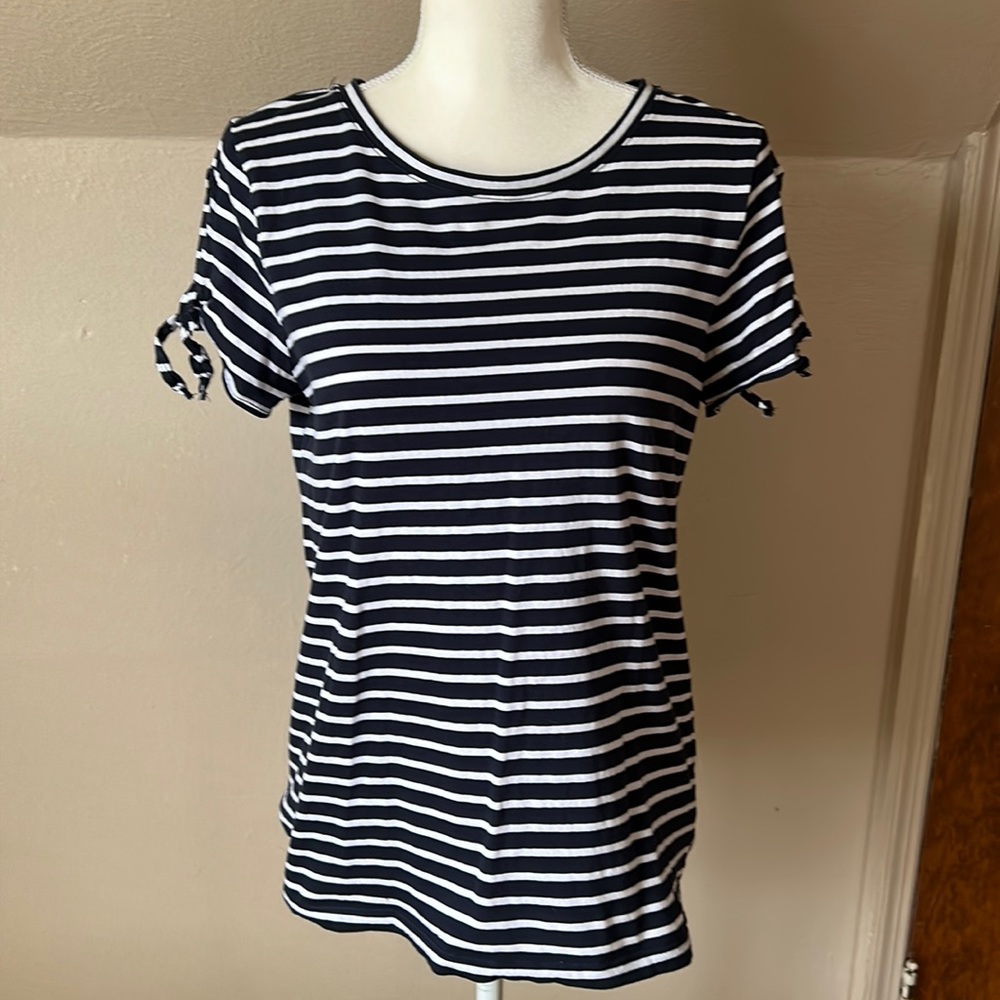 Nautica navy blue and white stripe short sleeve tee with key hole tie sleeves